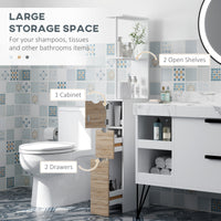 Tall Bathroom Storage Cabinet, Narrow Bathroom Cabinet with Drawers and Open Shelves for Small Spaces, Natural Wood