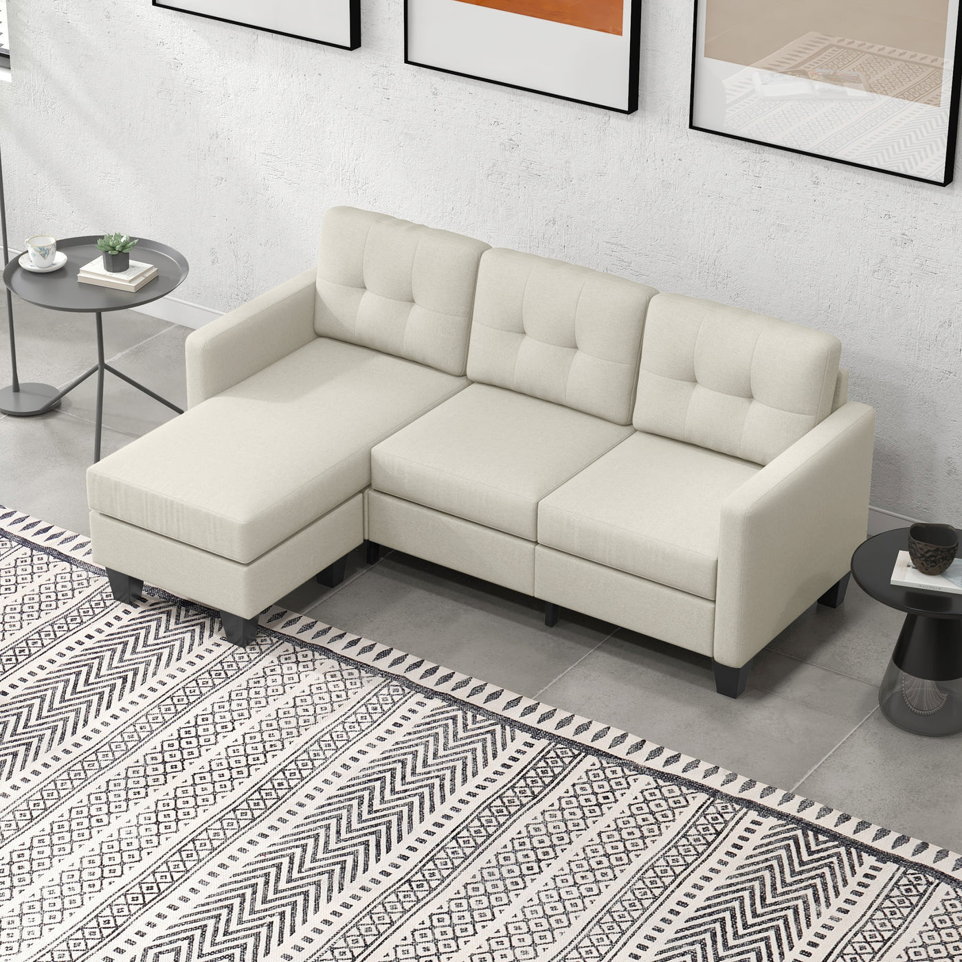 Small Corner Sofa, 3 Seater Sectional Couch with Ottoman, Corner Sofa with Thick Padded Cushion and Wood Legs, Beige