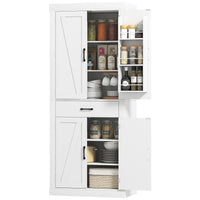 72" Kitchen Pantry Cabinet, Farmhouse Kitchen Storage Cabinet with 4 Barn Doors, 6 Door Shelves, Drawer, White