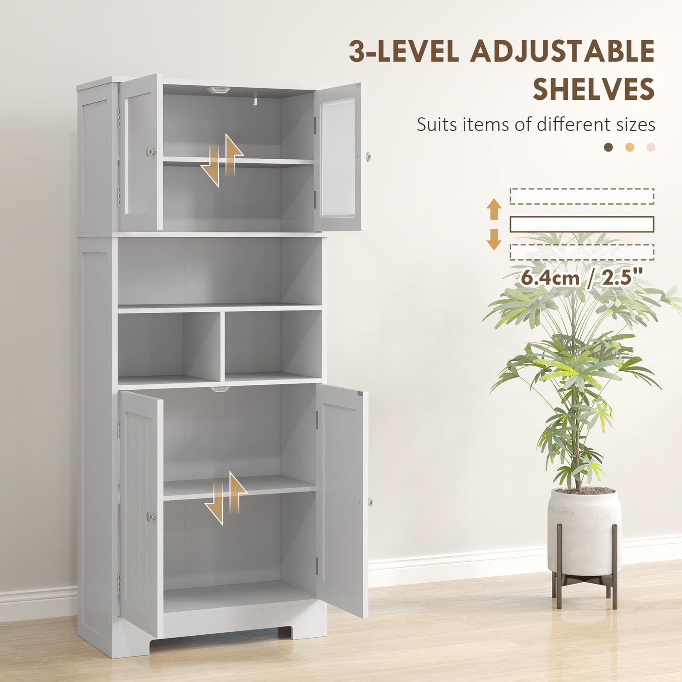 57" Kitchen Pantry, Freestanding Pantry Storage Cabinet with Glass Doors, Adjustable Shelves, Open Compartments, White