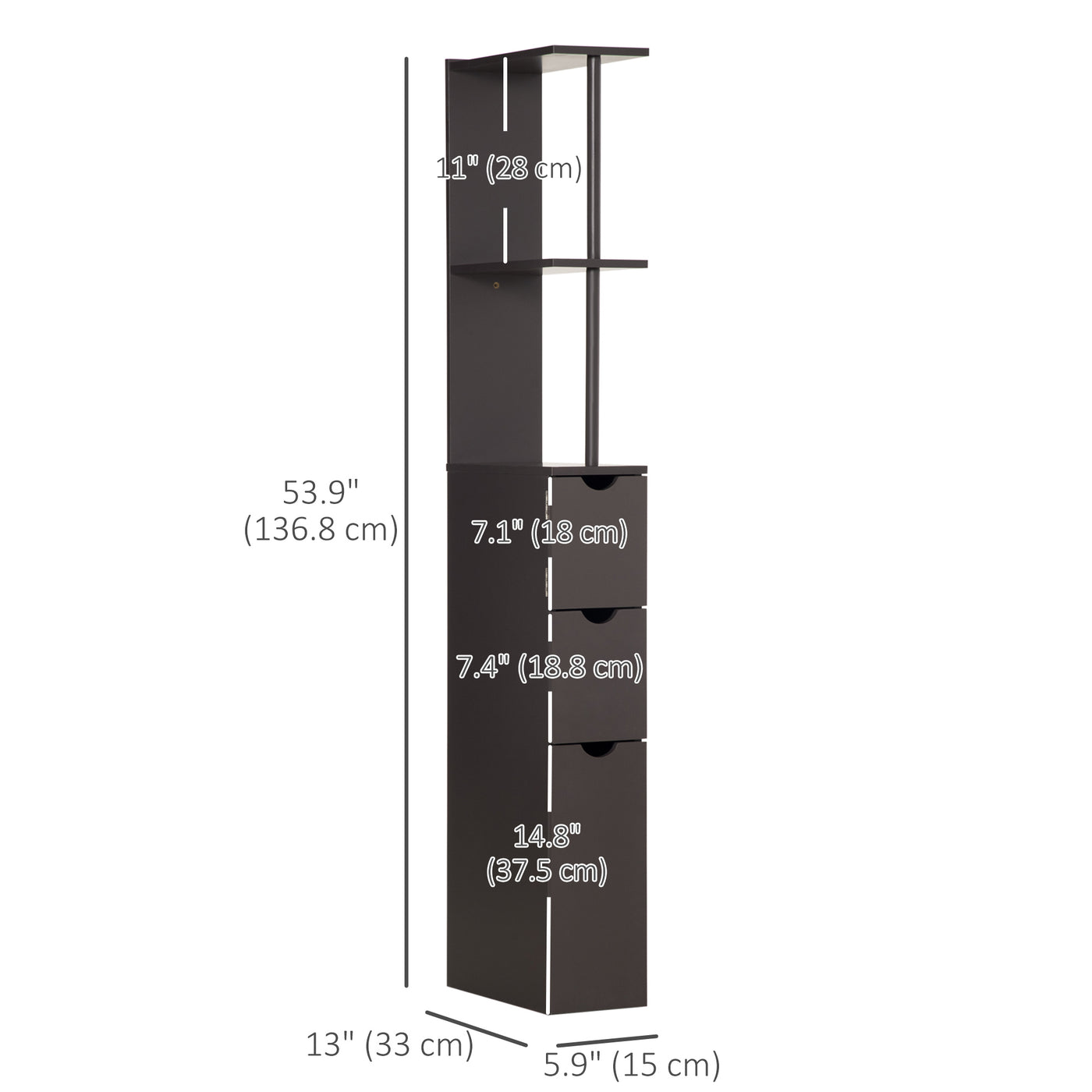 Tall Bathroom Storage Cabinet, Narrow Bathroom Cabinet with Drawers and Open Shelves for Small Spaces, Brown
