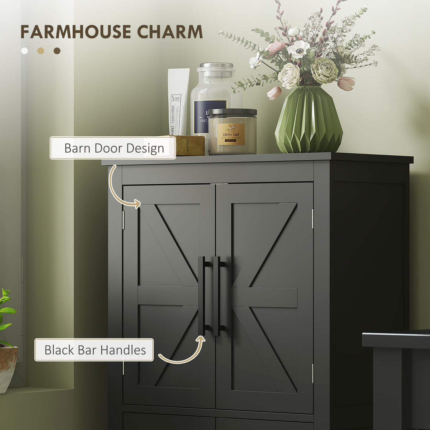 Farmhouse Bathroom Storage Cabinet, Bathroom Floor Cabinet with Barn Doors and Adjustable Shelf, Black