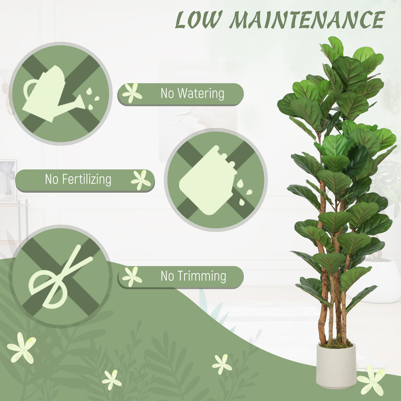 5FT Artificial Fiddle Leaf Fig Tree Set of 2, Fake Potted Tree with Solid Wood Trunks for Indoor Decor, Green