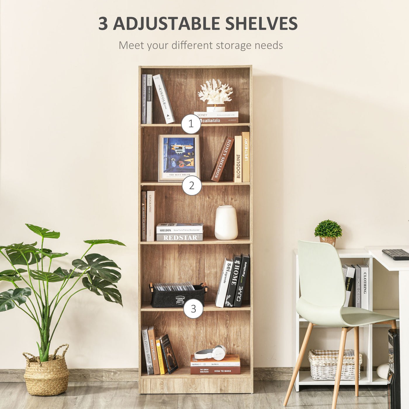 5-Tier Bookcase, Storage Bookshelf with Adjustable Shelves, Display Shelves for Living Room, Home Office, Nature Wood