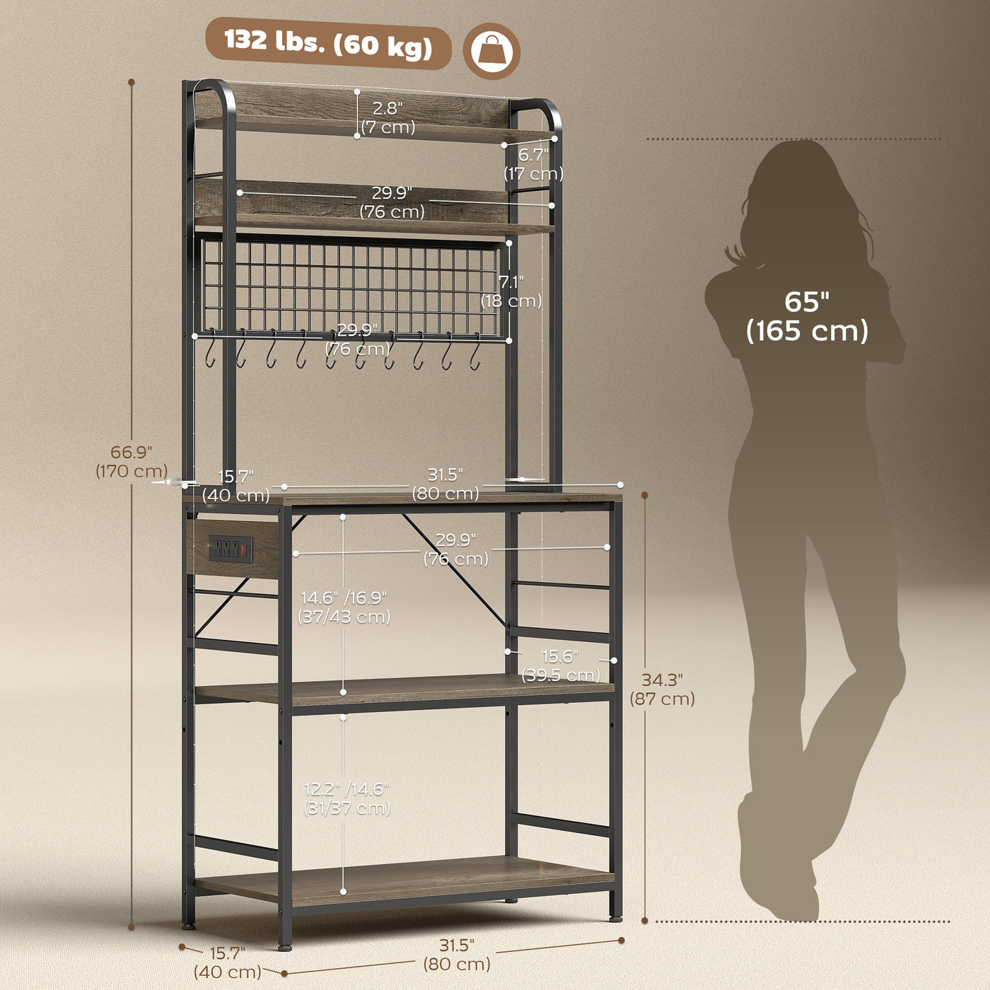 Kitchen Baker's Rack with Power Outlet and LED Light, 5-Tier Coffee Bar Station with 10 Hooks, Grey