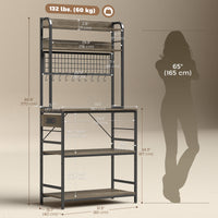 Kitchen Baker's Rack with Power Outlet and LED Light, 5-Tier Coffee Bar Station with 10 Hooks, Grey