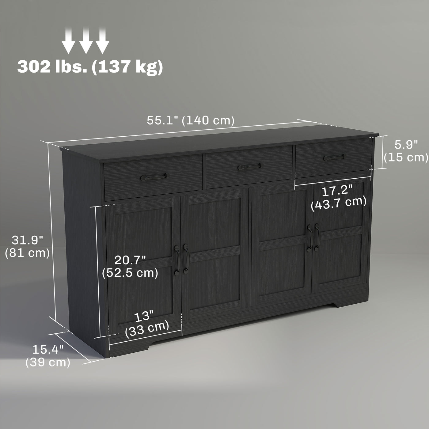 Sideboard Buffet Cabinet with Storage, Modern Coffee Bar Cabinet with 3 Drawers and Adjustable Shelves, Distressed Black