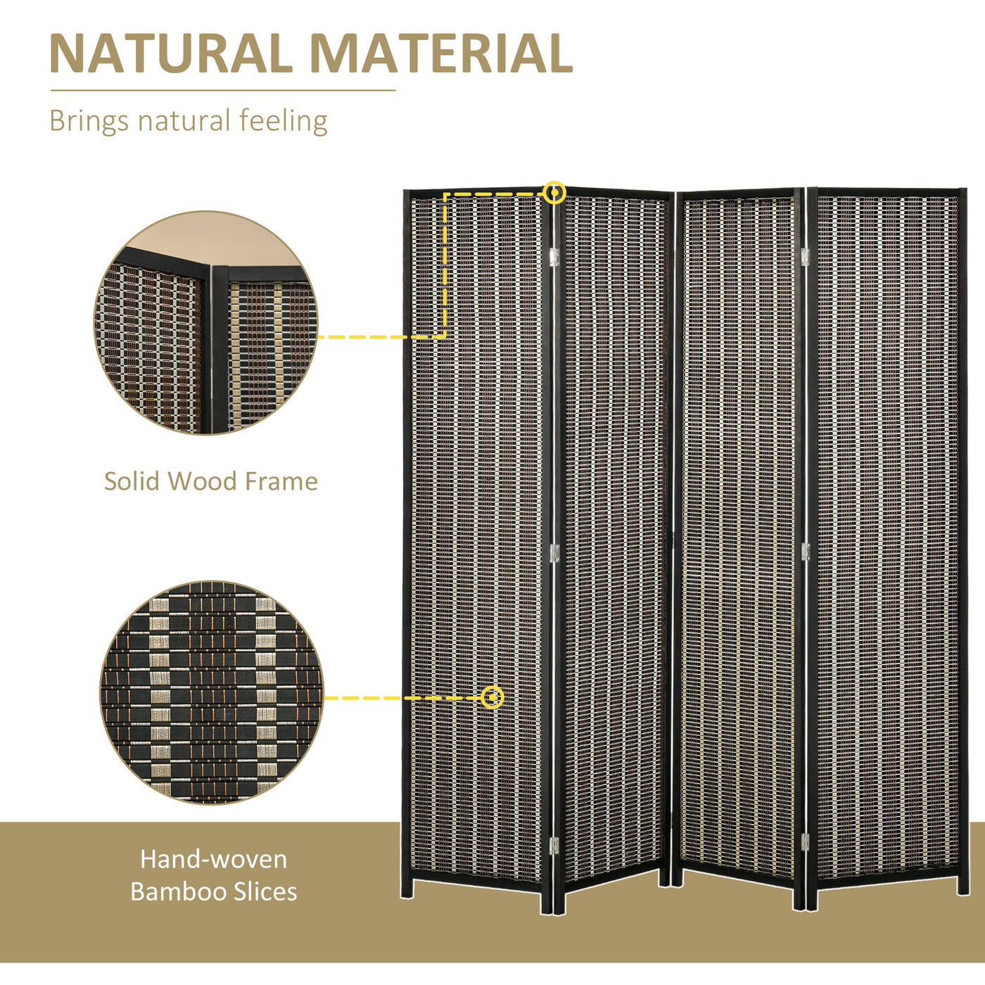 4 Panel Room Divider, 6 Ft Tall Indoor Portable Folding Privacy Screens, Bamboo Hand-Woven Freestanding Partition Wall Divider for Home Office, Brown