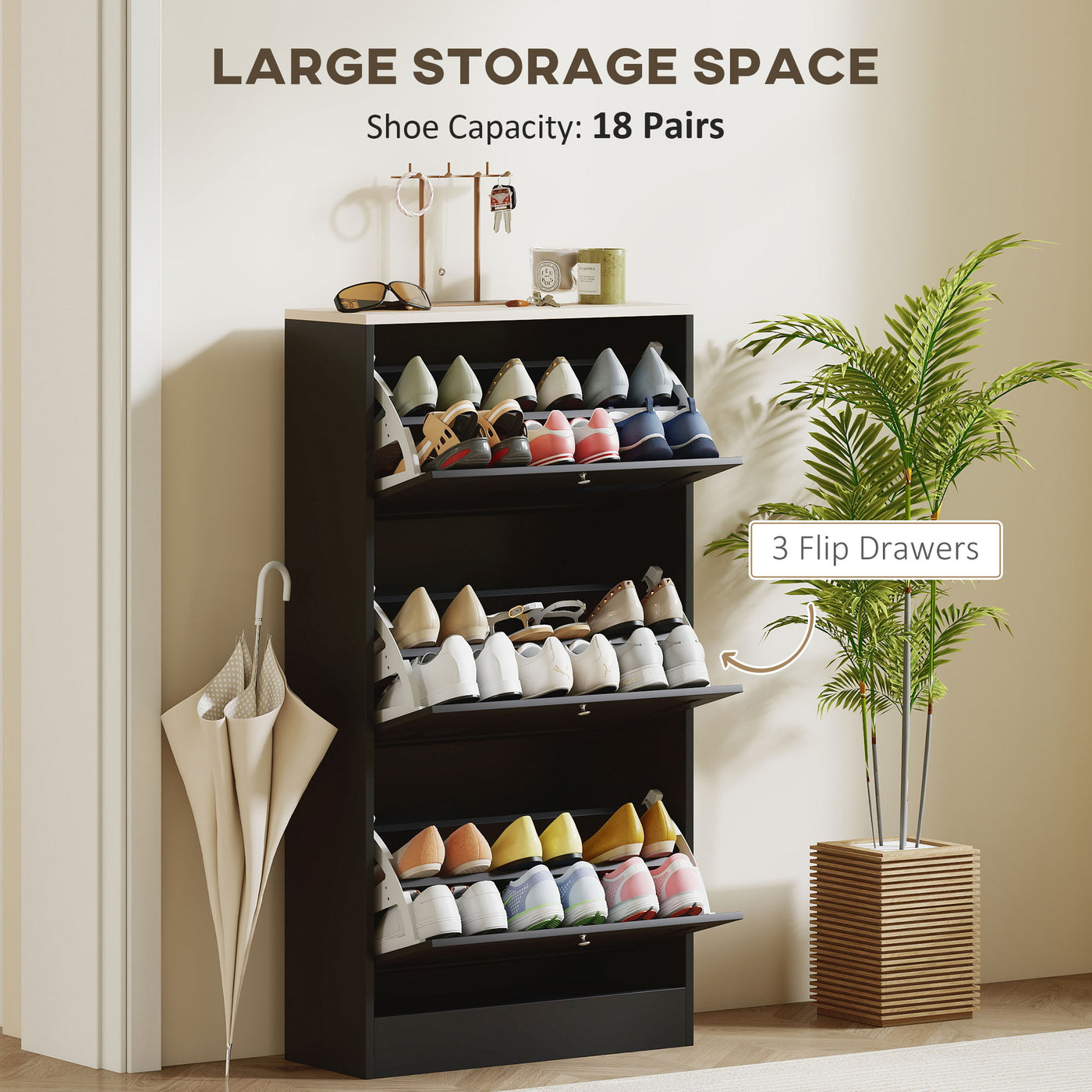 Modern Shoe Storage with 3 Flip Drawers and Adjustable Shelves, Shoe Cabinet Organizer for 12-18 Pairs of Shoes, Black