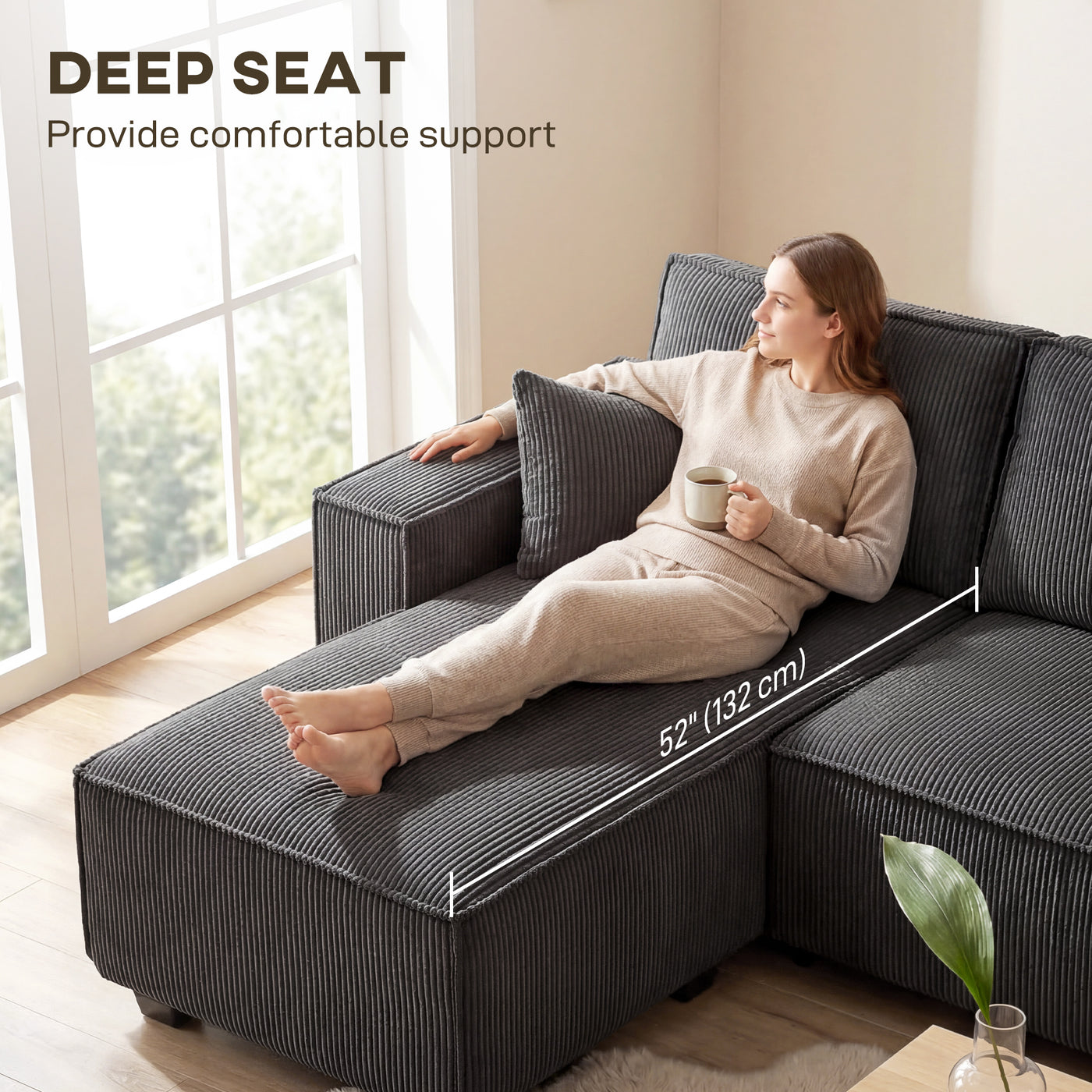 Modular U Shaped Couch, Sectional Sofa with Double Chaises and Spring Cushions, Dark Grey