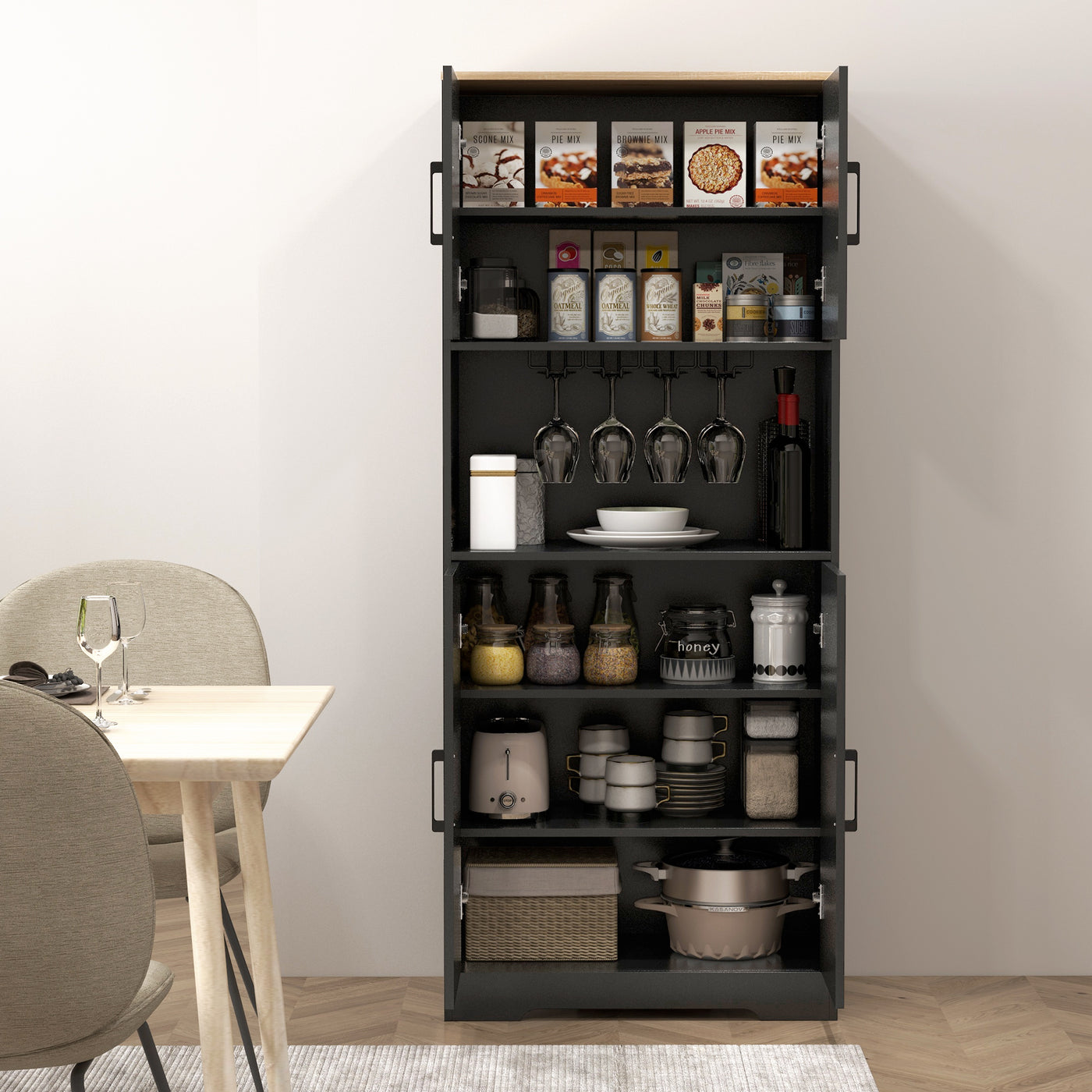 Farmhouse Kitchen Pantry, 68" Freestanding Hutch Storage Cabinet with Microwave Oven Countertop, Black