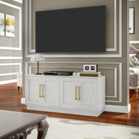 Modern TV Stand for up to 55" TV, TV Cabinet with 4 Soft Hinged Doors, 4 Cable Holes and 2 Adjustable Shelves, White