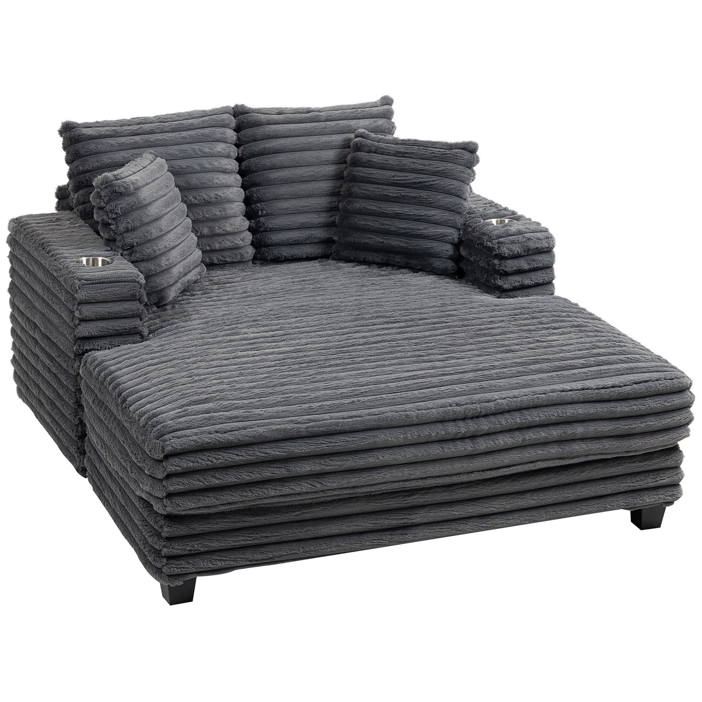 60" Chaise Lounge Chair, Oversized Upholstered Sofa Bed with Cup Holders & Pillows, Sleeper Couch for Living Room, Grey