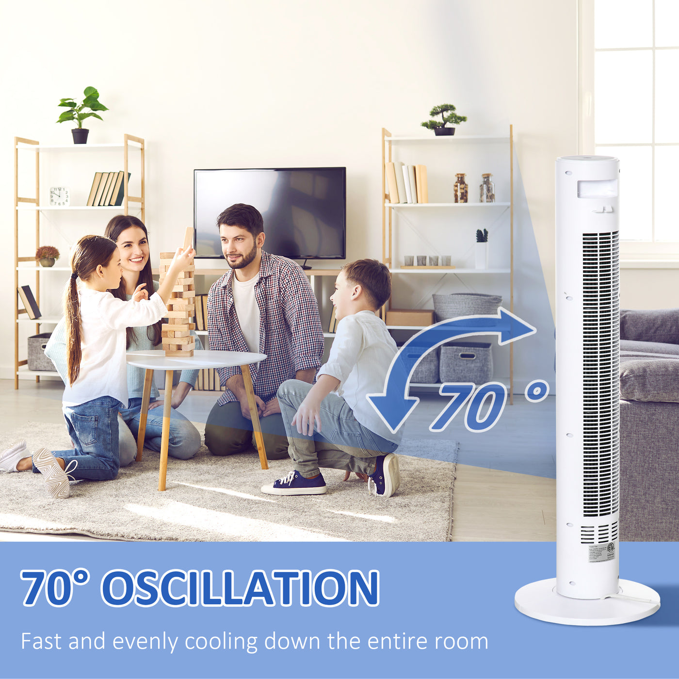 Freestanding Tower Fan Cooling for Home Bedroom with 3 Speed, 12h Timer, Oscillating, LED Sensor Panel, Remote Controller, White