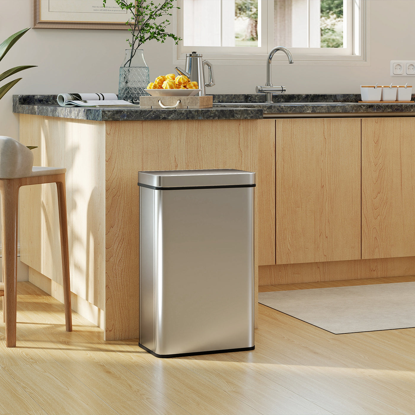 15.9 Gallon Sensor Can, Automatic Garbage Can with Soft-Close Lid, Fingerprint-Proof Stainless Steel, Silver