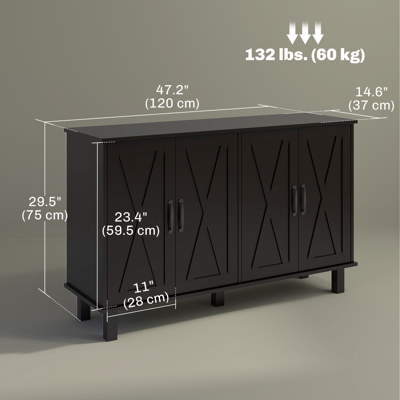 Kitchen Sideboard Cabinet with 4 Barn Doors and 2 Adjustable Shelves, Buffet Table for Living Room, Hallway, Black