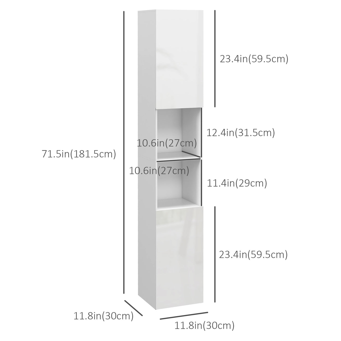 Tall Bathroom Cabinet, High Gloss Storage Cabinet with Doors and Adjustable Shelves, 11.8" x 11.8" x 71.5", White