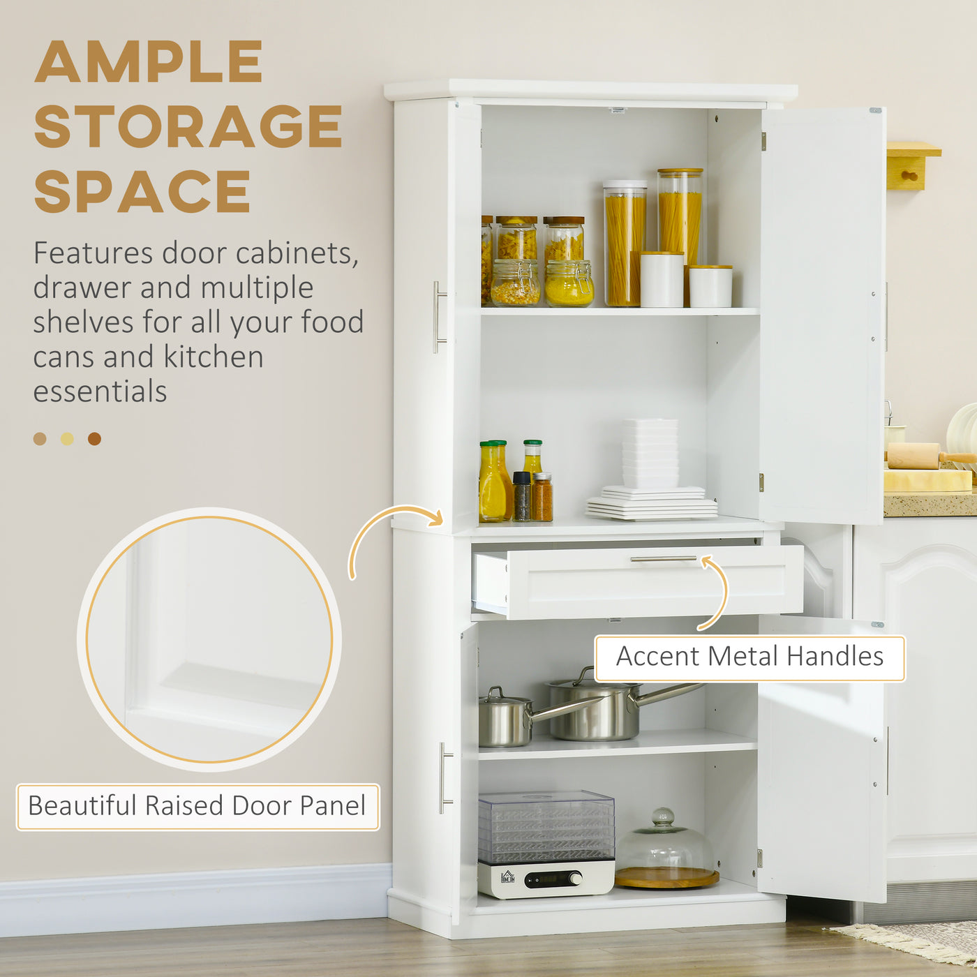 72" Kitchen Pantry Cabinet, Freestanding Storage Cabinet, 4-Door Cabinet with Drawer and Adjustable Shelves, White