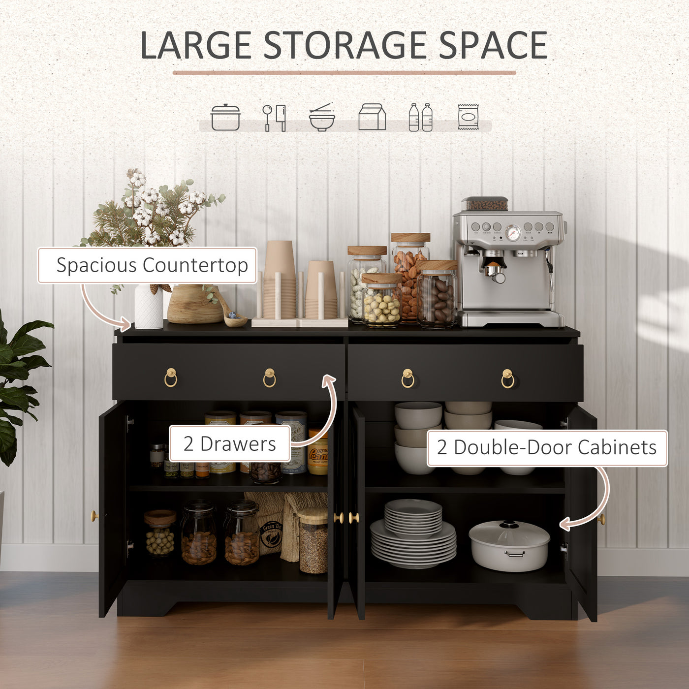 Sideboard Cabinet with 2 Drawers, 4 Barn Doors and 2 Adjustable Shelves, Buffet Table for Living Room, Black