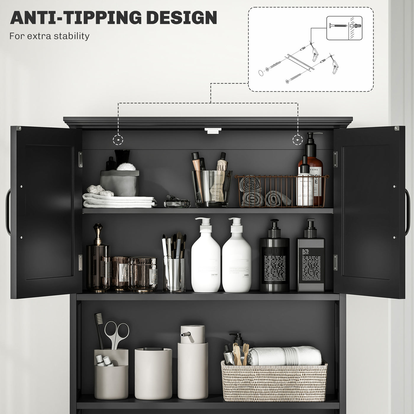 Modern Over The Toilet Storage, Bathroom Cabinets Over Toilet with Open Shelves and Double Door Cabinet, Black
