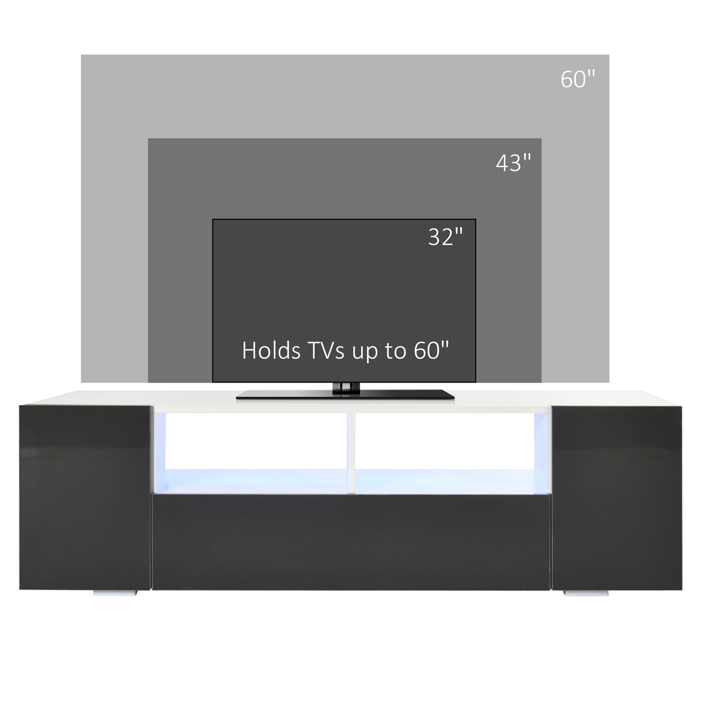 TV Stand for TVs up to 60", TV Unit with LED Lights, Storage Shelves and Cupboards, 53.9" x 13.8" x 16.5", Grey