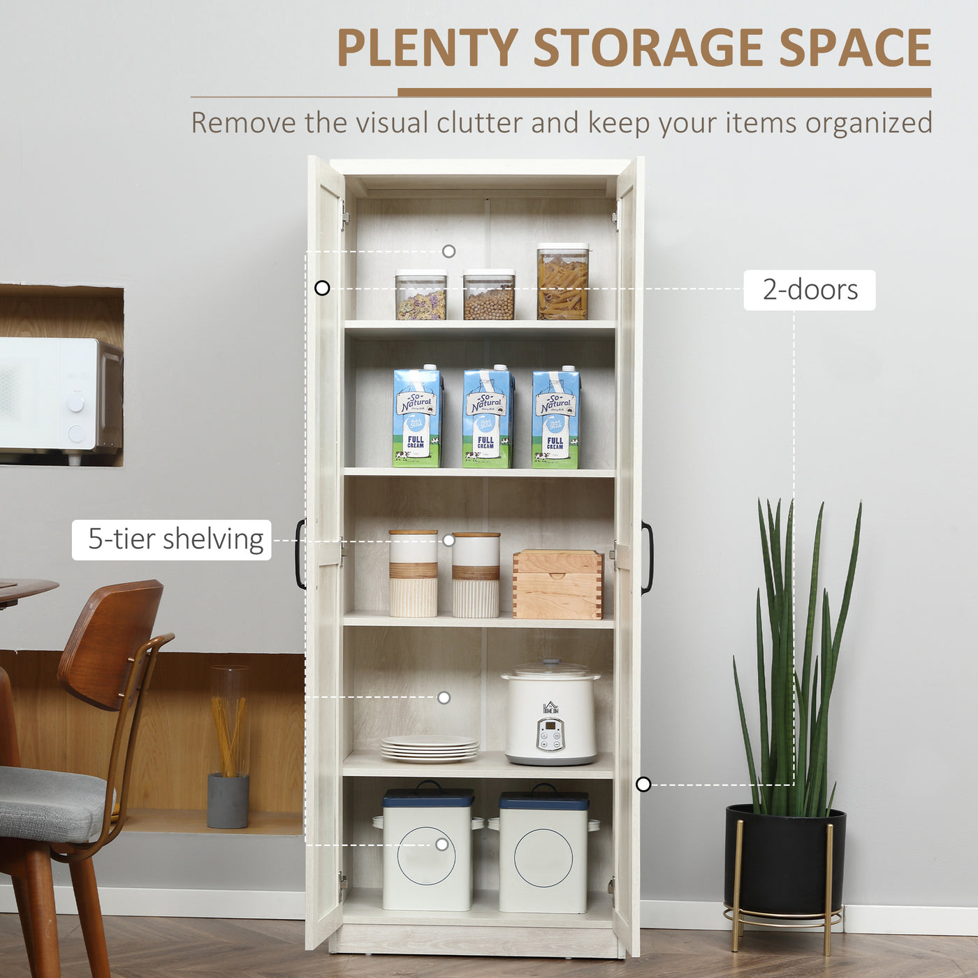 63" Kitchen Storage Cabinet, 5-tier Pantry Cabinet with Doors and Adjustable Shelves for Dining Room, Distressed White