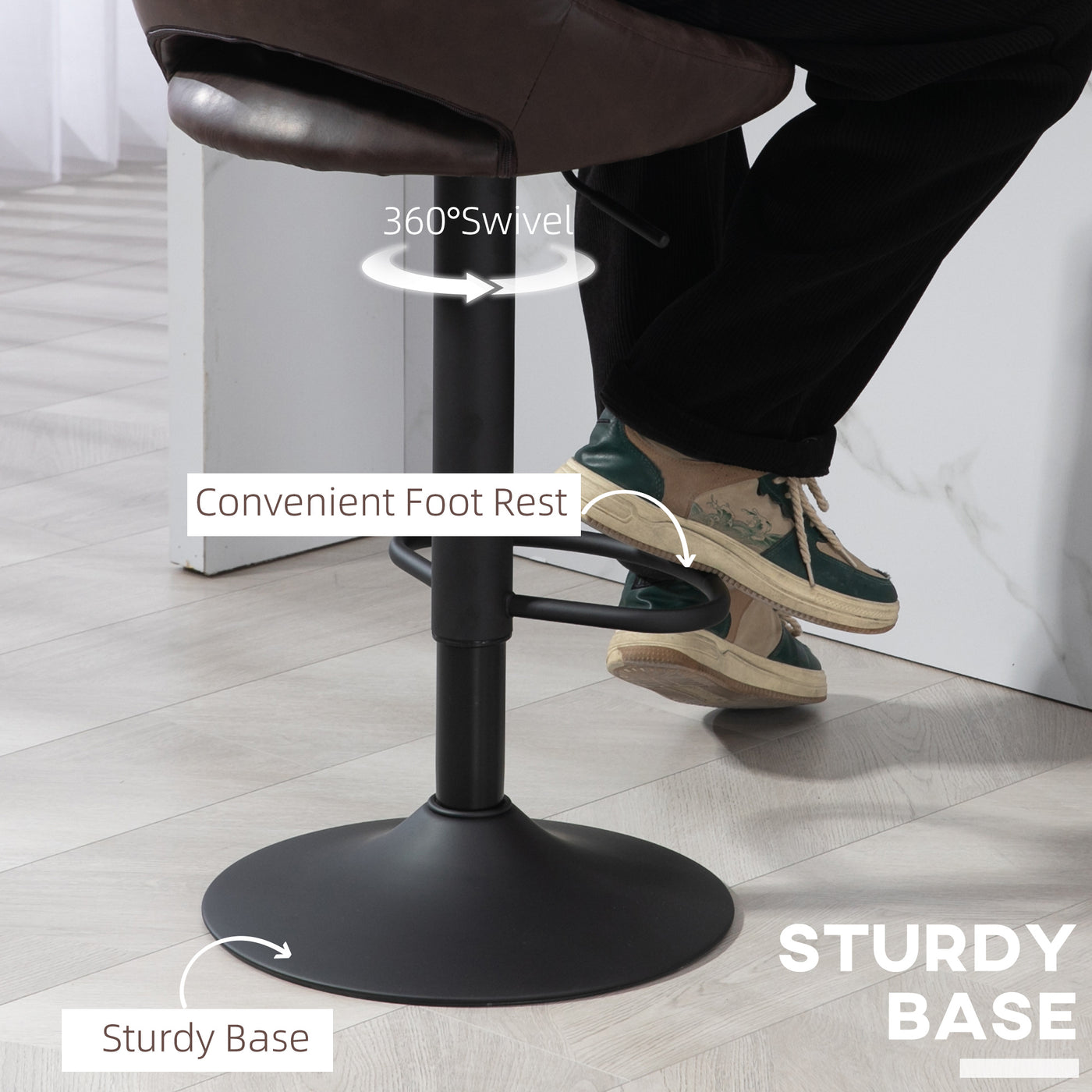 Swivel Bar Stools Set of 2, Faux Leather Upholstered Counter Height Barstools with Round Metal Base