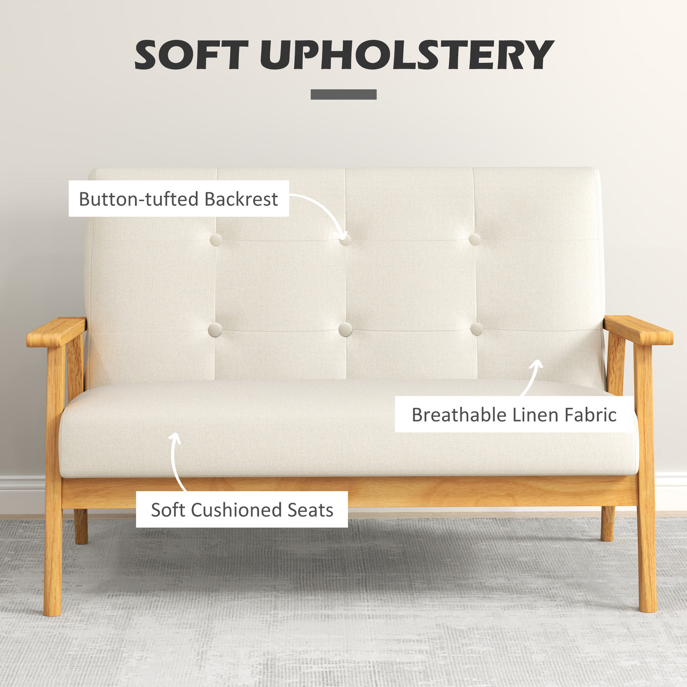 45" 2 Seat Sofa, Upholstered Two Seater Couch with Rubber Wood Legs for Bedroom, Living Room, Beige