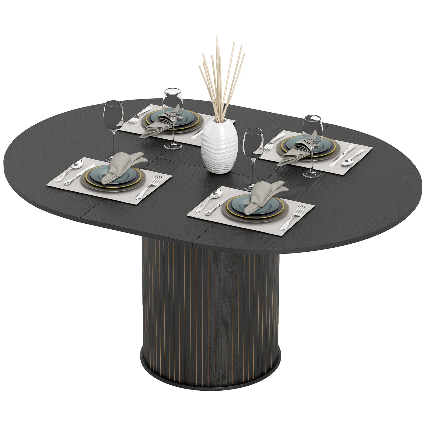 Extendable Kitchen Table for 6-8, 43.5"-59" Farmhouse Dining Table with Pedestal Base Black Wood Grain