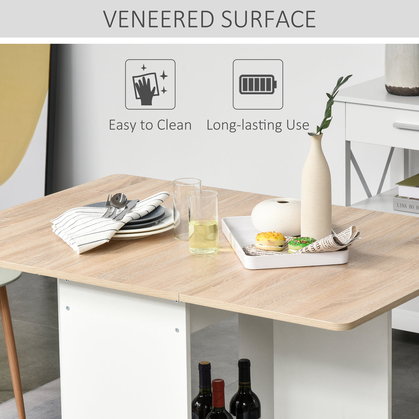 Foldable Dining Table, Folding Table with Storage Shelf, Drop-Leaf Kitchen Table for Dining Room, Oak
