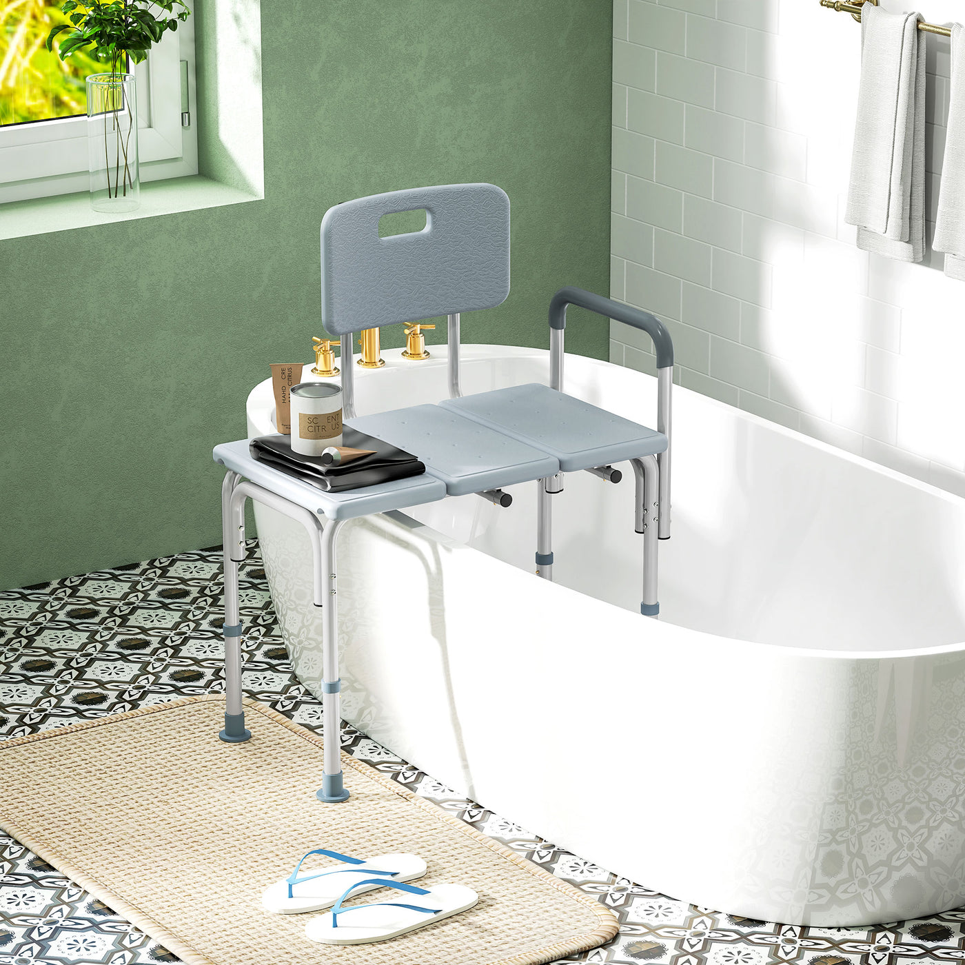6-Level Adjustable Bath and Shower Transfer Bench Aluminum Chair with Non-Slip Feet, Armrest & Backrest Grey