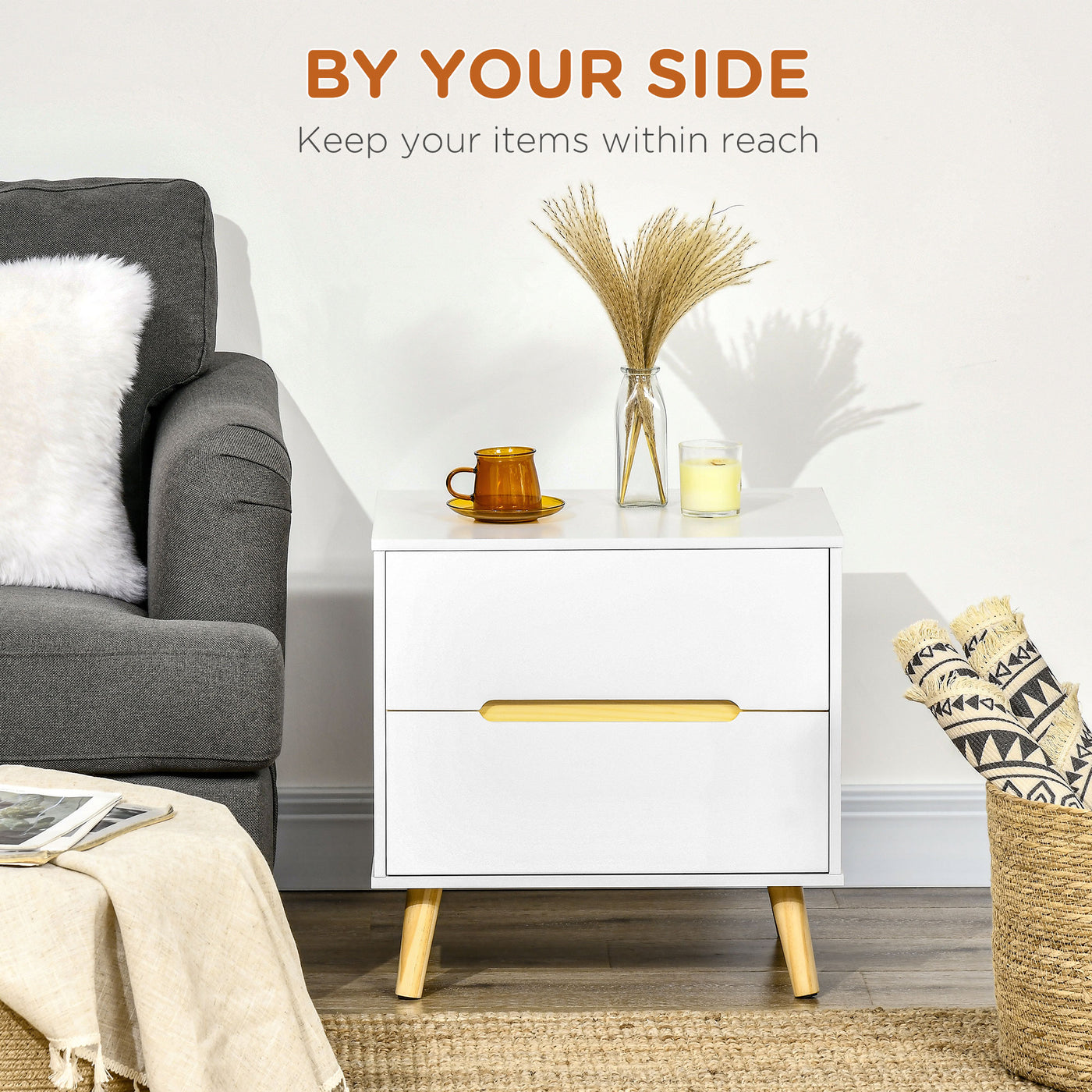 Nightstand, Bedside Table with 2 Drawers, Modern Side End Table with Solid Wood Legs for Bedroom, White