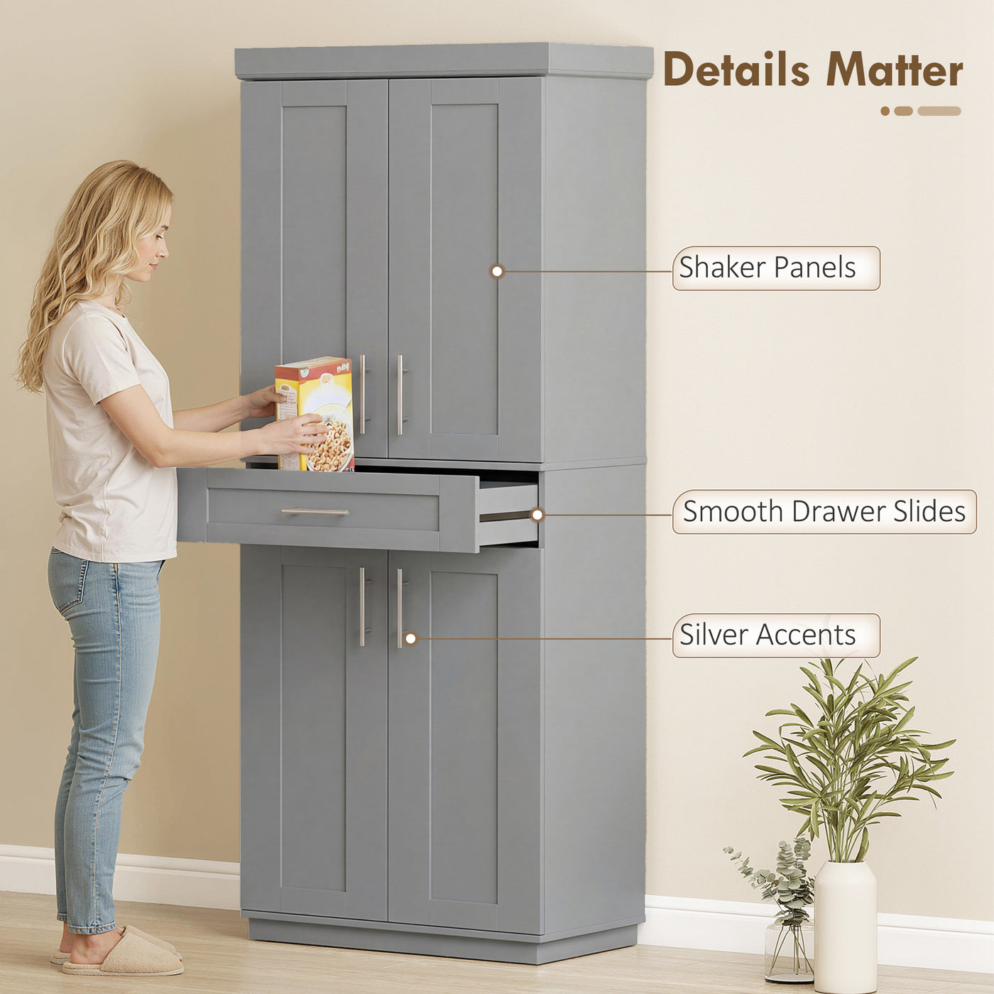 72" Storage Cabinet, Freestanding Kitchen Pantry Cabinet with 4 Doors, Drawer and 3 Adjustable Shelves, Grey