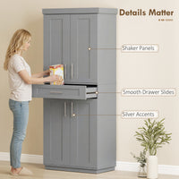 72" Storage Cabinet, Freestanding Kitchen Pantry Cabinet with 4 Doors, Drawer and 3 Adjustable Shelves, Grey