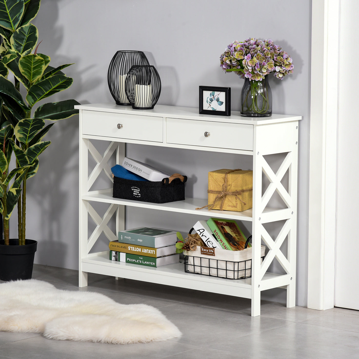 39" Console Table, Narrow Entryway Table with Storage Shelves, Drawers and X Frame for Behind Couch, Living Room, Hallway, White