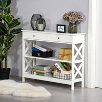 39" Console Table, Narrow Entryway Table with Storage Shelves, Drawers and X Frame for Behind Couch, Living Room, Hallway, White