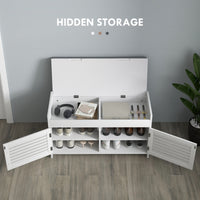 Entryway Bench with Cushion, Hidden Storage, Adjustable Shelves and Shutter Doors, 35.4" Shoe Bench, White