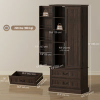 72" LED Kitchen Pantry Cabinet, Buffet Storage Cabinet with 10 Door Shelves, 2 Drawers and Adjustable Shelves, Brown