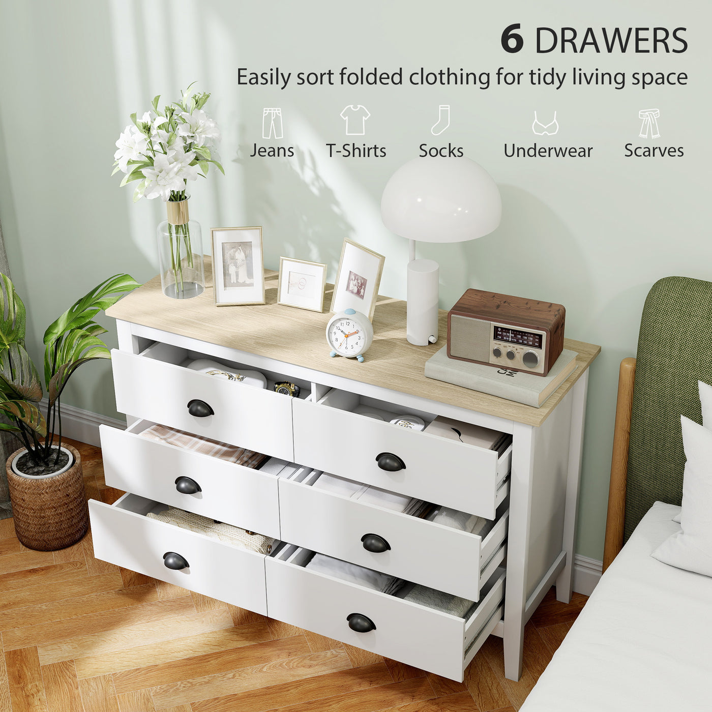 Chest of Drawers with Quiet Slides, Modern 6 Drawer Dresser for Bedroom, Closet, Living Room, Entryway, White