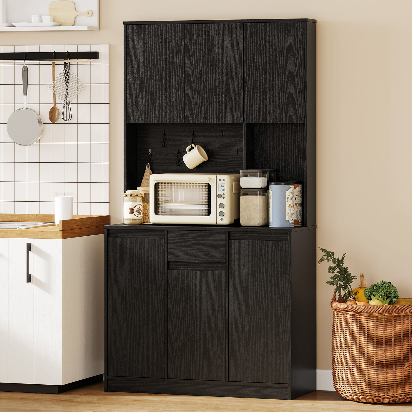 71" Pantry Cabinet with Charging Station, Kitchen Storage Cabinet with Microwave Stand, Pegboard, 6 S-hooks, Black