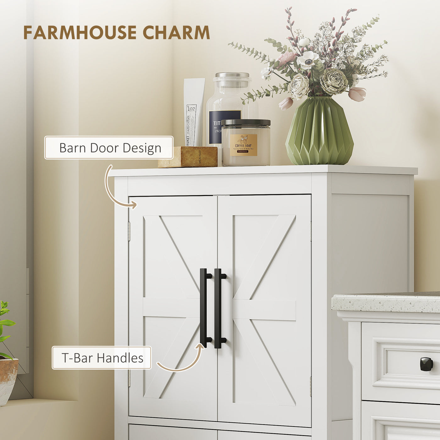 Farmhouse Bathroom Storage Cabinet, Bathroom Floor Cabinet with Barn Doors and Adjustable Shelf, White