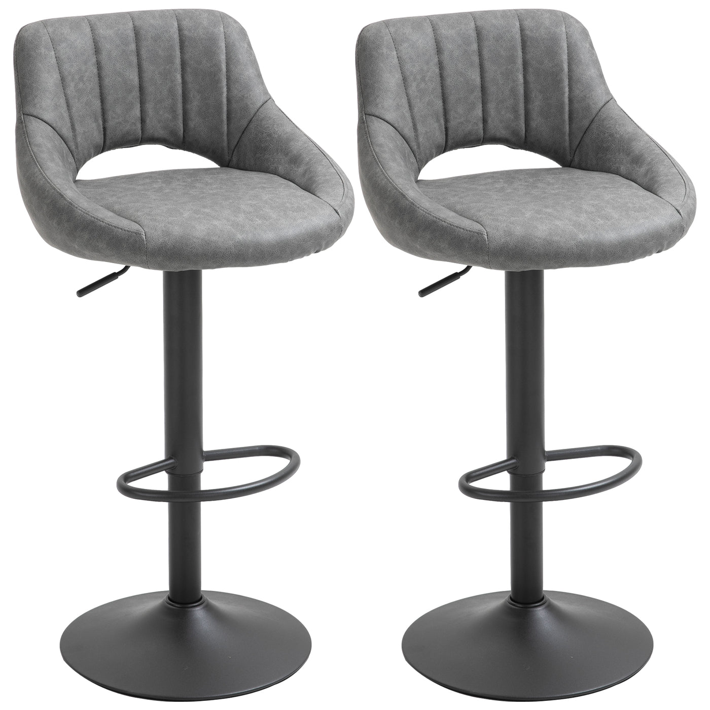 Bar Stools Set of 2, Swivel Counter Height Barstools with Adjustable Height and Cutout Back, Faux Leather Upholstered Bar Chairs with Round Metal Base and Footrest, Grey