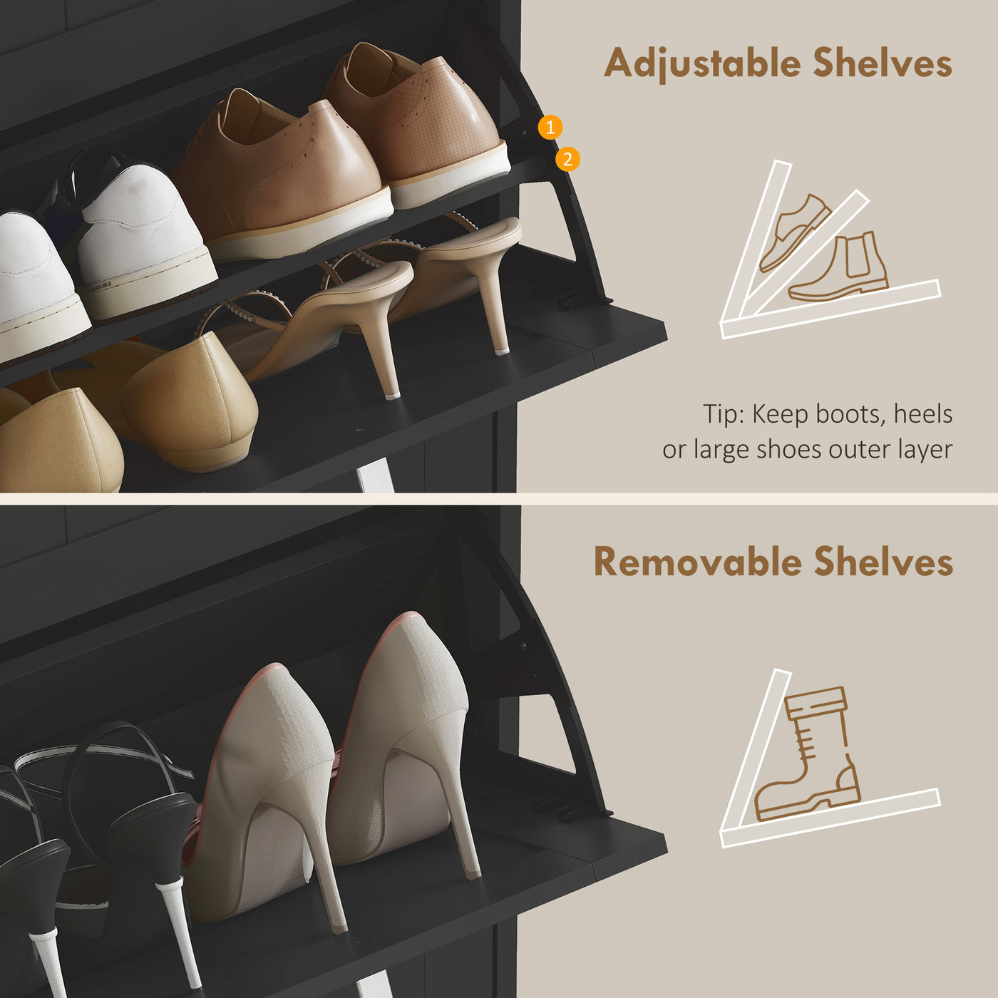 Slim Shoe Cabinet with 3 Flip Drawers and Adjustable Shelves, Narrow Shoe Cabinet for 15 Pairs of Shoes, Black