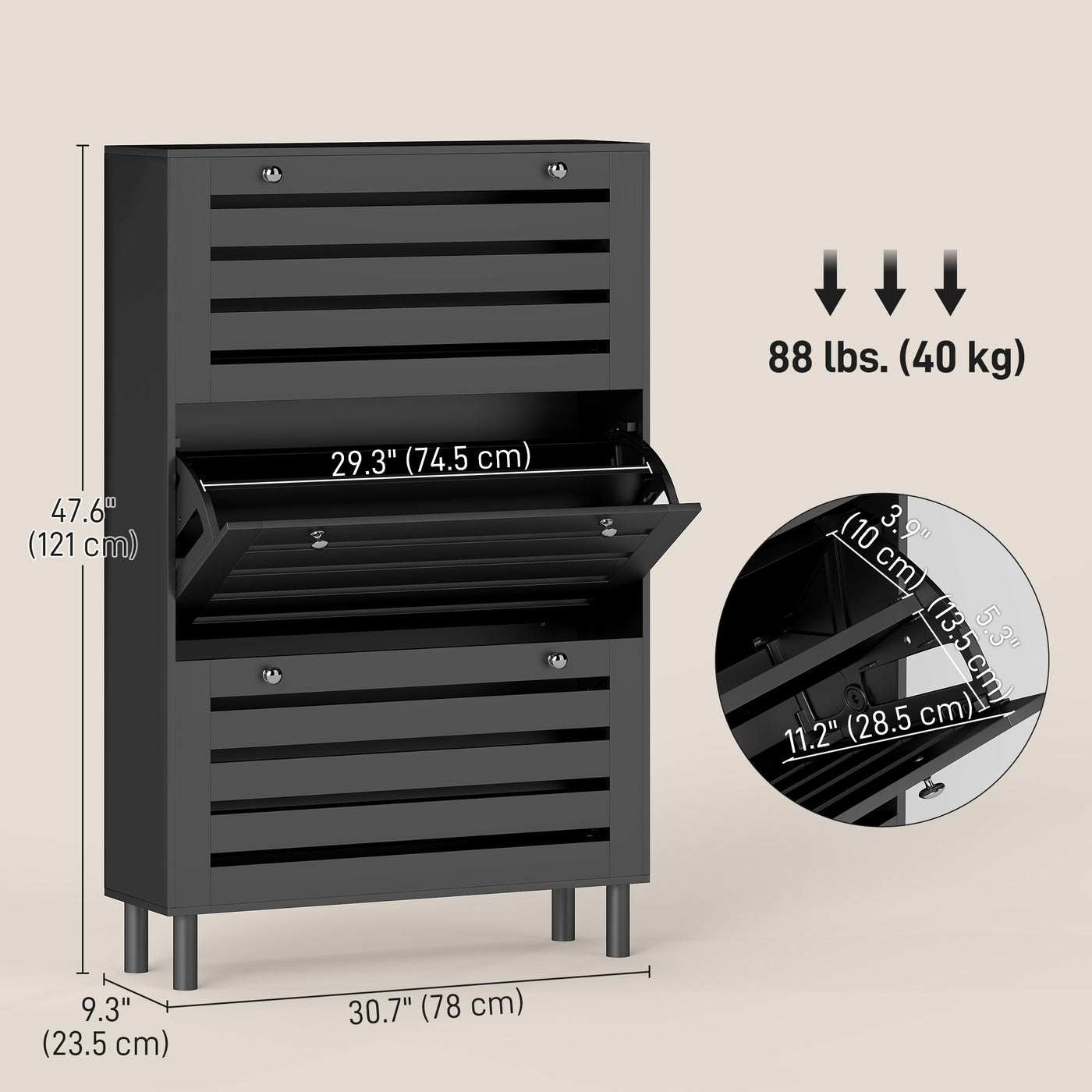 Narrow Shoe Storage Cabinet, 3 Flip Drawers, Adjustable Shelves, 18-24 Pairs Capacity, Black