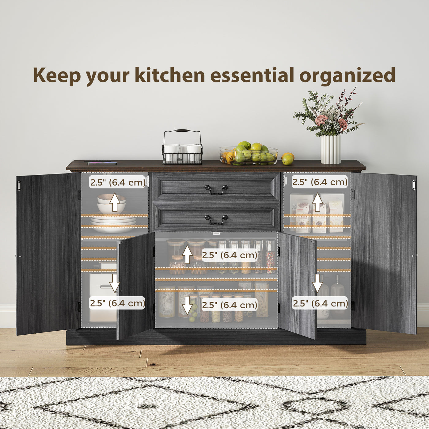 Farmhouse Sideboard with Charging Station and Thickened Top, 58" Buffet Cabinet with 2 Soft-Close Drawers, Black