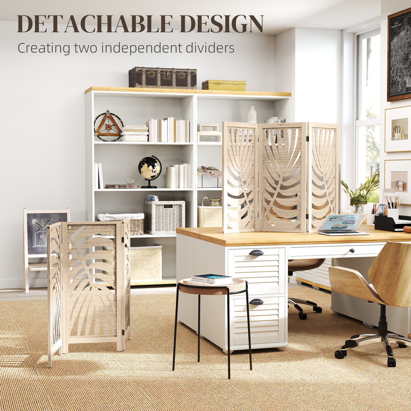 3 Panel Room Divider, Detachable Folding Privacy Screens with Palm Leaf Design for Home Office, Natural Wood Finish