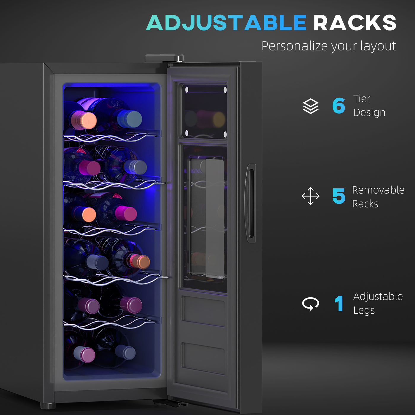 Wine Fridge, 12 Bottle, Under Counter Drinks Beer Wine Cooler with Glass Door, LED Light, Temperature Control