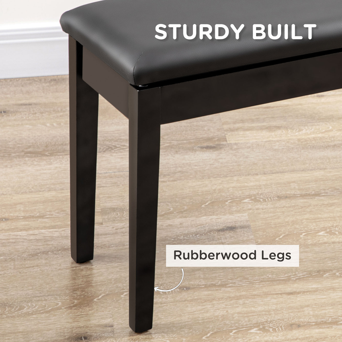 Classic Piano Bench Stool, PU Leather Padded Keyboard Seat with Rubber Wood Legs and Music Storage Compartment, Smooth Seat, Black