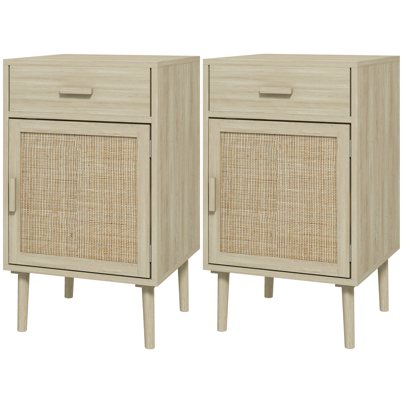 Boho Bedside Tables Set of 2, Nightstands with Drawer, Rattan Cabinet, Adjustable Shelf for Bedroom, Living Room, Oak