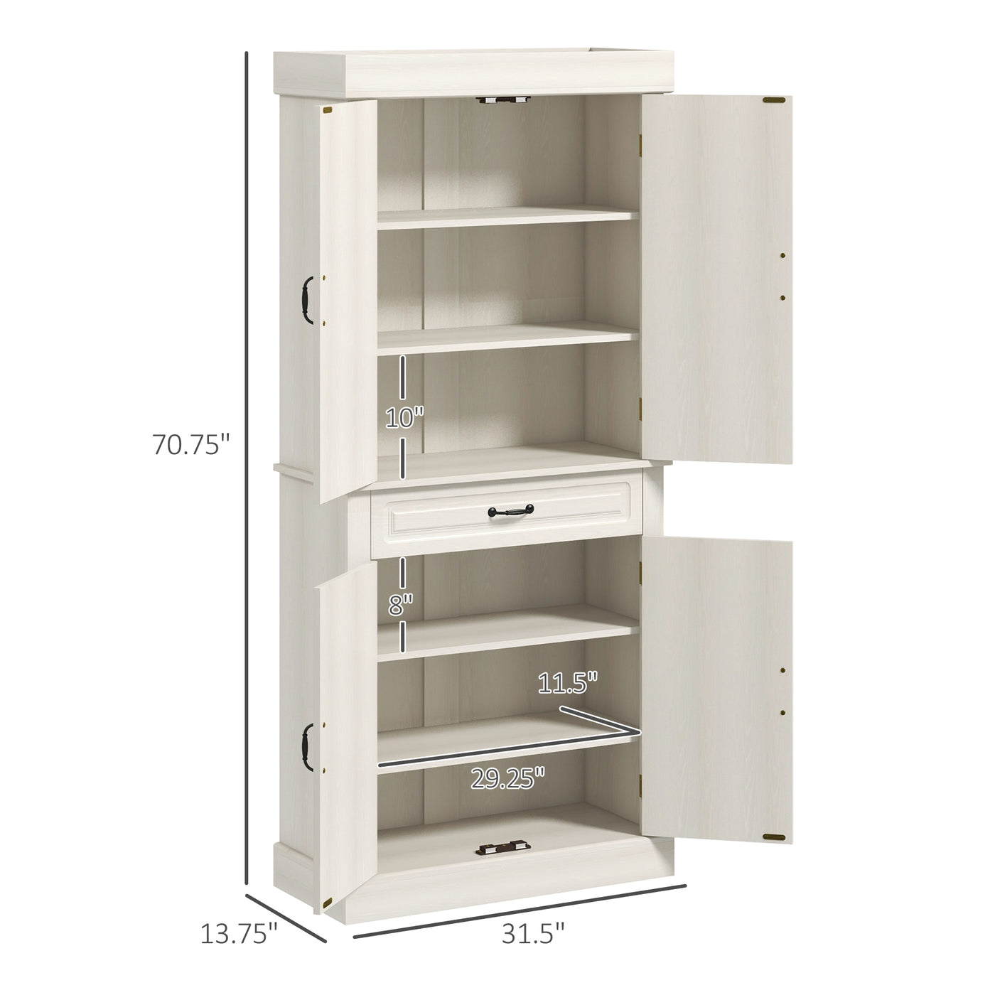 71" Freestanding Kitchen Pantry with 4 Doors and 2 Cabinets, Tall Storage Cabinet for Kitchen, Distressed White